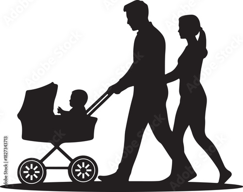 Family with Baby Stroller Silhouette Design Parents Walking Vector Illustration