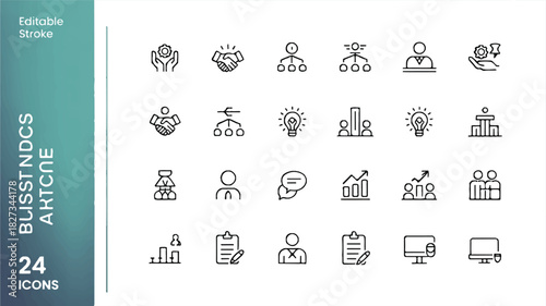 A professional collection of business and teamwork line icons. Vector symbols for corporate management, strategy, leadership, and growth