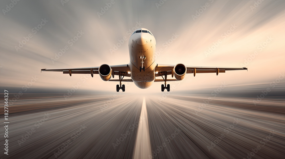 Fototapeta premium Airliner landing toward camera with motion blur sunset glow