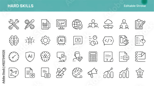 A versatile collection of editable stroke line icons representing business management, professional development, and technical hard skills for modern industries