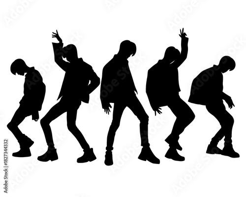 Male idol group silhouette, kpop idol dancing, icon isolated on white background, model 3