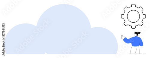 Giant blue cloud and gear with a person pointing towards it. Ideal for technology, innovation, data management, system settings, cloud storage, digital solutions, simple flat metaphor