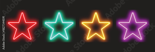Set of Colorful Neon Star Icons. Glowing Red, Teal, Gold, and Purple Star Shapes for Rating, Nightclub, and Retro Design