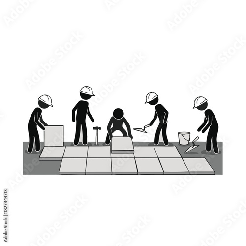 A team of construction workers wearing hard hats diligently installs floor tiles, demonstrating efficient teamwork and skilled craftsmanship on a building project.