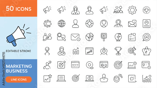 Clean vector design of marketing and business line icons, featuring modern symbols with editable strokes for digital advertising and corporate strategy