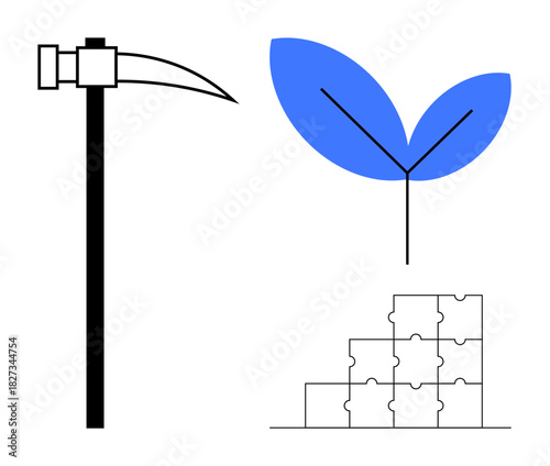 Mining concept. Mining tools paired with a blue plant signify resource extraction and environmental balance. Puzzle pieces collaboration and strategic solutions. For business, sustainability