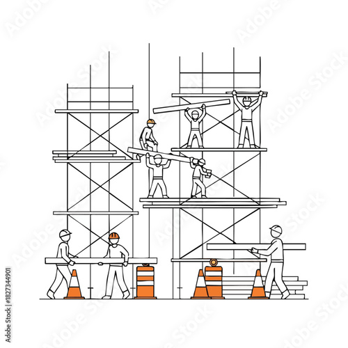 A group of diligent construction workers collaborate on a building project, meticulously assembling scaffolding and carrying planks, symbolizing teamwork and progress in development.