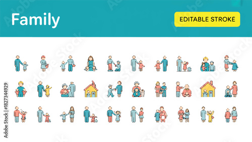 A diverse collection of family life line icons depicting parents, children, and relationships. This colorful vector set includes various domestic scenes and generations