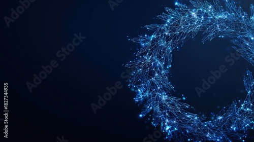 A radiant digital wreath of twinkling blue lights, artfully crafted, casting a magical glow against a deep, dark backdrop. ..Created with Generative AI, not depicting real subjects.
