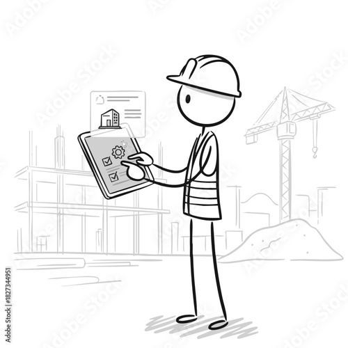 A cartoon construction worker in a hard hat and vest utilizes a digital tablet for efficient project oversight against a detailed sketched building site.