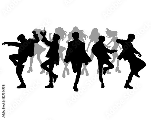 Male idol group silhouette, kpop idol dancing, icon isolated on white background, type 6