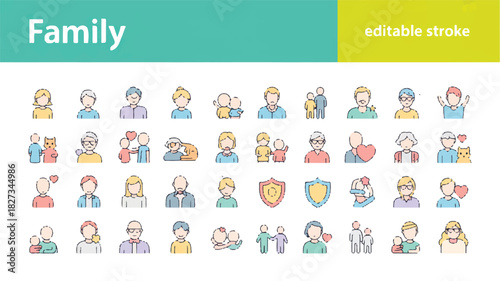 Diverse Family Relationships Vector Icons of Love, Support, and Kinship Bonds