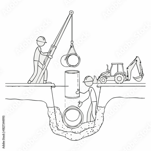 Illustration depicting construction workers meticulously installing new underground utility pipelines using heavy machinery and teamwork in a detailed line art style.