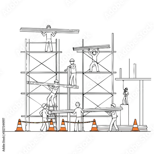 Black and white line drawing depicts construction workers in hard hats diligently building on scaffolding, emphasizing teamwork, safety, and industrial development.
