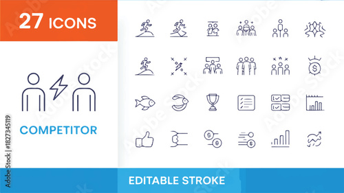 Modern set of 27 clean vector line icons depicting business, competition, strategy, success, and finance for digital products and corporate projects