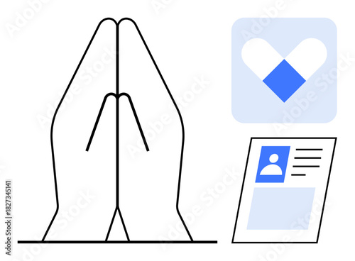 Identity concept. Praying hands combined with ID card and healthcare symbol identity in prayer, medical assistance, and organized health services. For religion, healthcare, identity verification