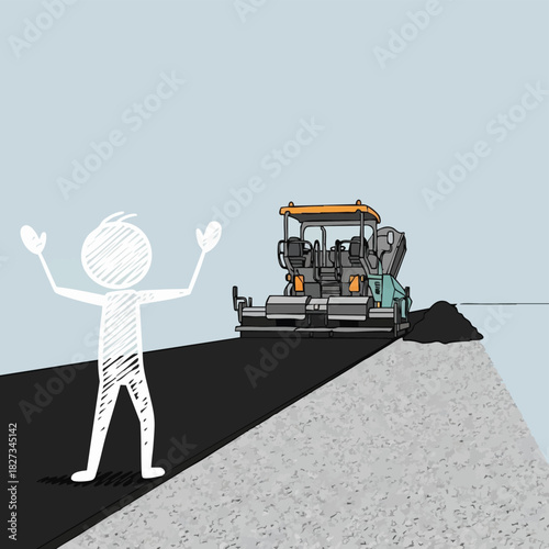 A stick figure stands with arms raised on a newly paved road as an asphalt paver machine lays down fresh blacktop, illustrating construction work.