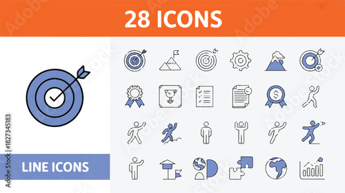 Collection of Line Icons Representing Business Goals, Achievements, and Success Strategies for Professional Use