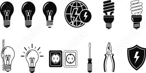 Electricity icons set with light bulb tool and socket
