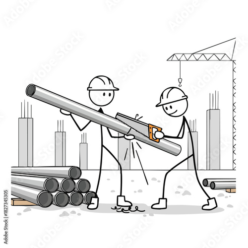 Two stick figures collaborate on a construction site, diligently sawing a metal pipe with sparks flying, symbolizing teamwork and industrial development.
