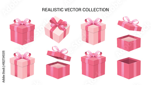 Collection of Eight Realistic Vector Gift Boxes with Ribbons Perfect for Celebrations and Special Occasions