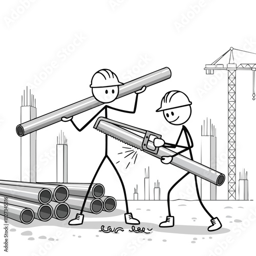 Two stick figure construction workers in hard hats diligently cut and transport metal pipes on a busy building site, symbolizing teamwork and progress.