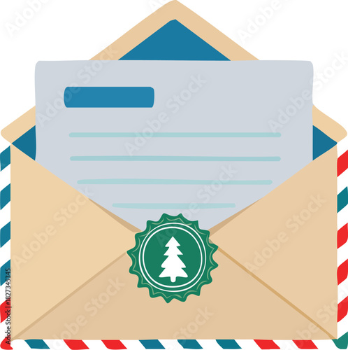 Festive holiday correspondence showing a Christmas greeting card inside an open envelope sealed with a tree sticker