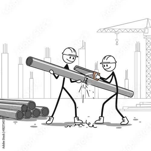 Two stick figures in hard hats are diligently cutting a large metal pipe with a hand saw on a busy construction site, symbolizing teamwork and industrial work.