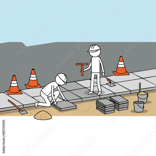 Two cartoon construction workers are diligently laying new paving stones on a sidewalk, surrounded by safety cones and essential building materials.