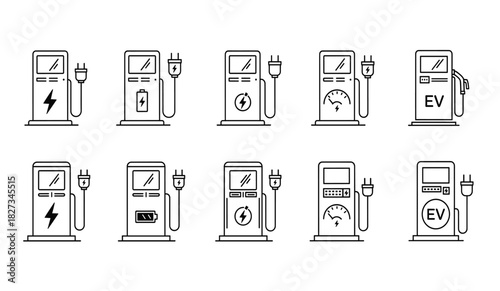 Charging station vector icon set for electric vehicle