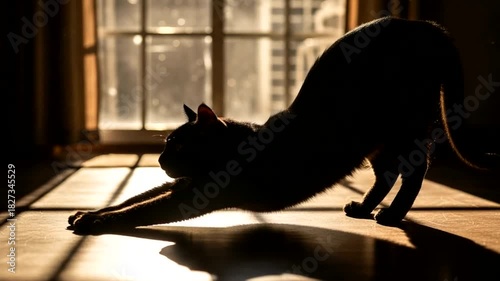 Wallpaper Mural Silhouette of a stretching black cat against a window with morning light creating long shadows Torontodigital.ca