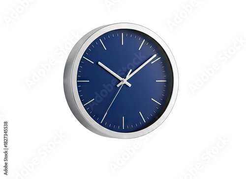 Modern minimalist blue wall clock with white frame and silver hands against a solid black background capturing time passing and a sense of calm sophistication