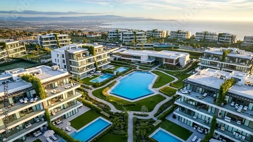 Wallpaper Mural Stunning aerial view of modern luxury resort with pools and lush gardens near the coast, offering Torontodigital.ca