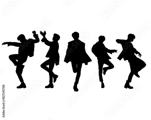 Male idol group silhouette, kpop idol dancing, icon isolated on white background, type 4
