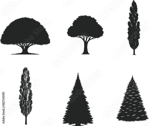 Variety of tree silhouettes in black and white for design elements