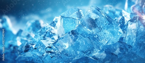 Close-up of glistening ice crystals with a cool blue hue and soft focus background.