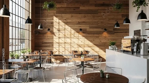 Wallpaper Mural Tranquil and Bright Coffee Shop Interior with Natural Wood Accents and Striking Sunlight Patterns Torontodigital.ca