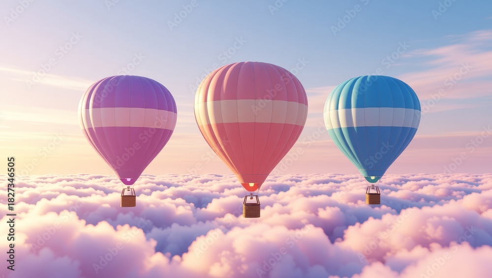 Fototapeta premium Three hot air balloons above pink clouds at sunset