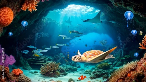 Wallpaper Mural Underwater Paradise: A Vibrant Coral Reef Ecosystem with Sea Turtle and Marine Life exploration Torontodigital.ca