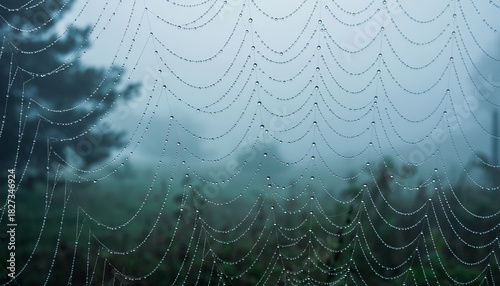 Close-up of Dewy Spider Web in Foggy Forest Scene with Water Droplets