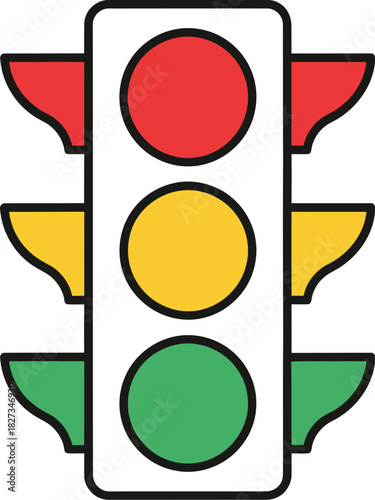 Isolated traffic light with red yellow and green lights on a white background