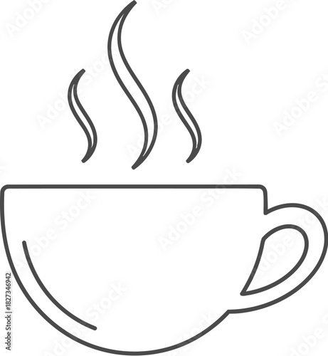 Simple line art illustration of a steaming coffee cup on a white background