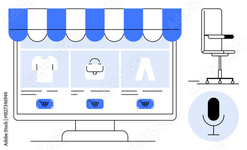 Desktop screen with shopping cart options, storefront canopy, chair, and microphone icon. Ideal for e-commerce, digital retail, online business, remote work, user experience marketing simple flat