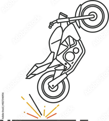 Line art illustration of a motorcycle doing a wheelie on a white background