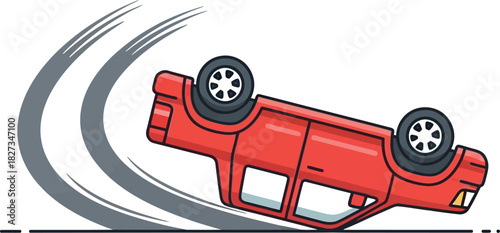 Red car flipped over after accident with skid marks on white background art