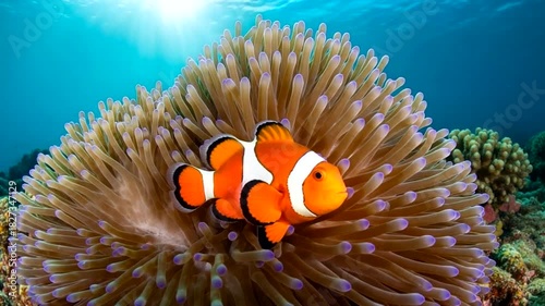 Wallpaper Mural Vibrant clownfish hiding within the swaying tentacles of a sea anemone, showcasing underwater Torontodigital.ca