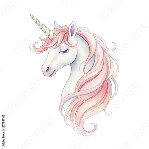 Pastel Watercolor Unicorn Portrait with Flowing Pink Mane and Golden Horn on White Background Gentle Expression Sparkling Details