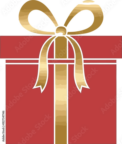 Red gift box with golden ribbon and bow isolated on a white background