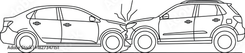 Two cars involved in a front collision accident depicted in a line art illustration