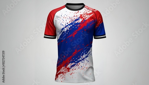 Colorful Artistic Sports T-shirt with Red Blue White Splash Pattern for Athletic and Casual Wear